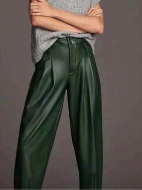 LOFT Dark Green Faux Leather High-Waist Wide-Leg Pants